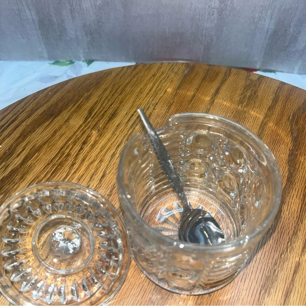 Vintage Federal Glass Clear Sugar Bowl Jam Jar w/Lid & spoon Button & Cane